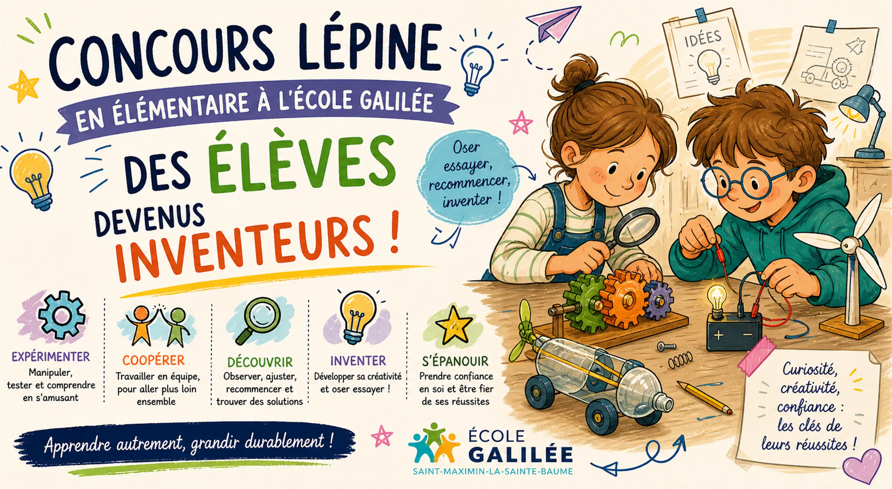 Illustration du concours Lépine à l’école Galilée de Saint-Maximin présentant des projets d’élèves.