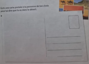 Exercice de français sous forme de carte postale permettant aux élèves de travailler l’expression écrite de manière ludique à l’école Galilée de Saint-Maximin.